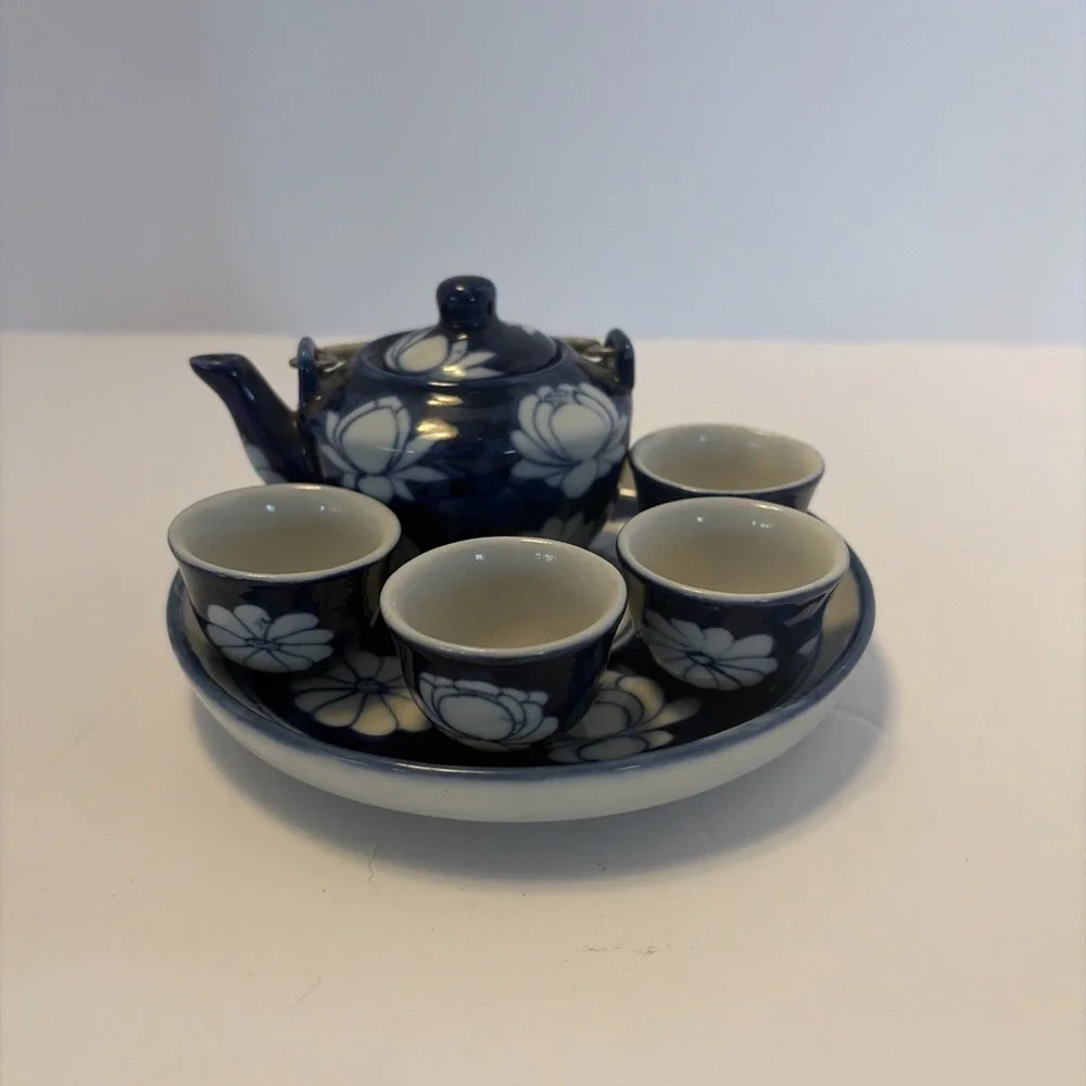 PhoMex Blue Teapot Miniature Tea Set Saki Set of 7 Pieces Vietnam Vintage